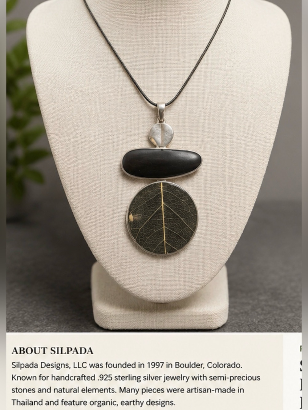 🤩Pendant SILPADA Black Ebony Wood Soursop Leaf Resin 925 Sterling Silver
